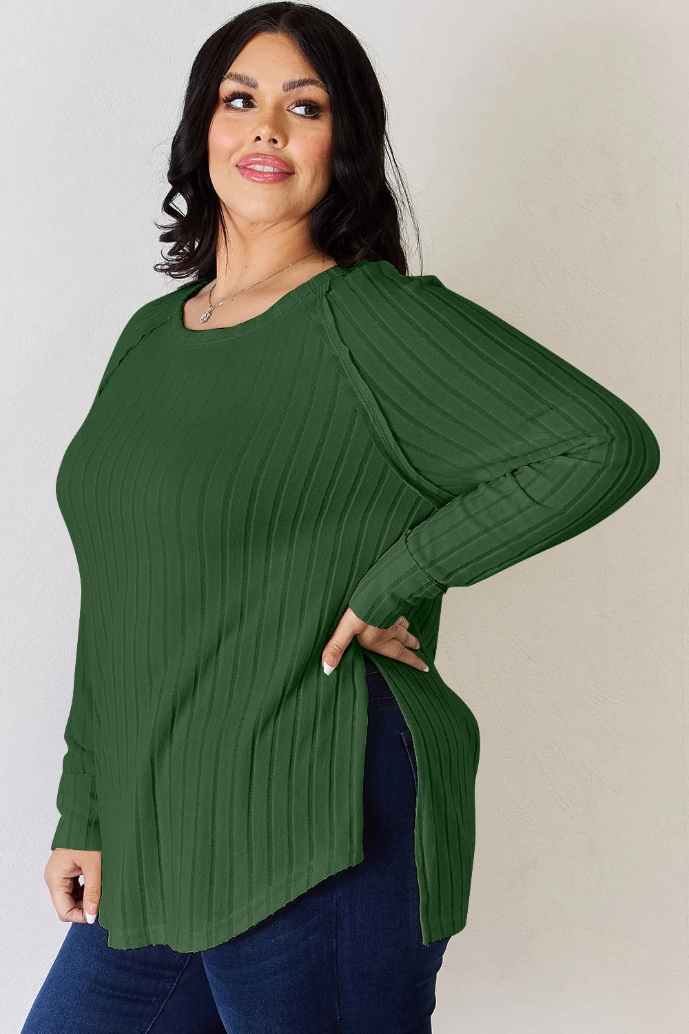 Plus Size Ribbed Round Neck Slit T-Shirt in Deep Red for Women