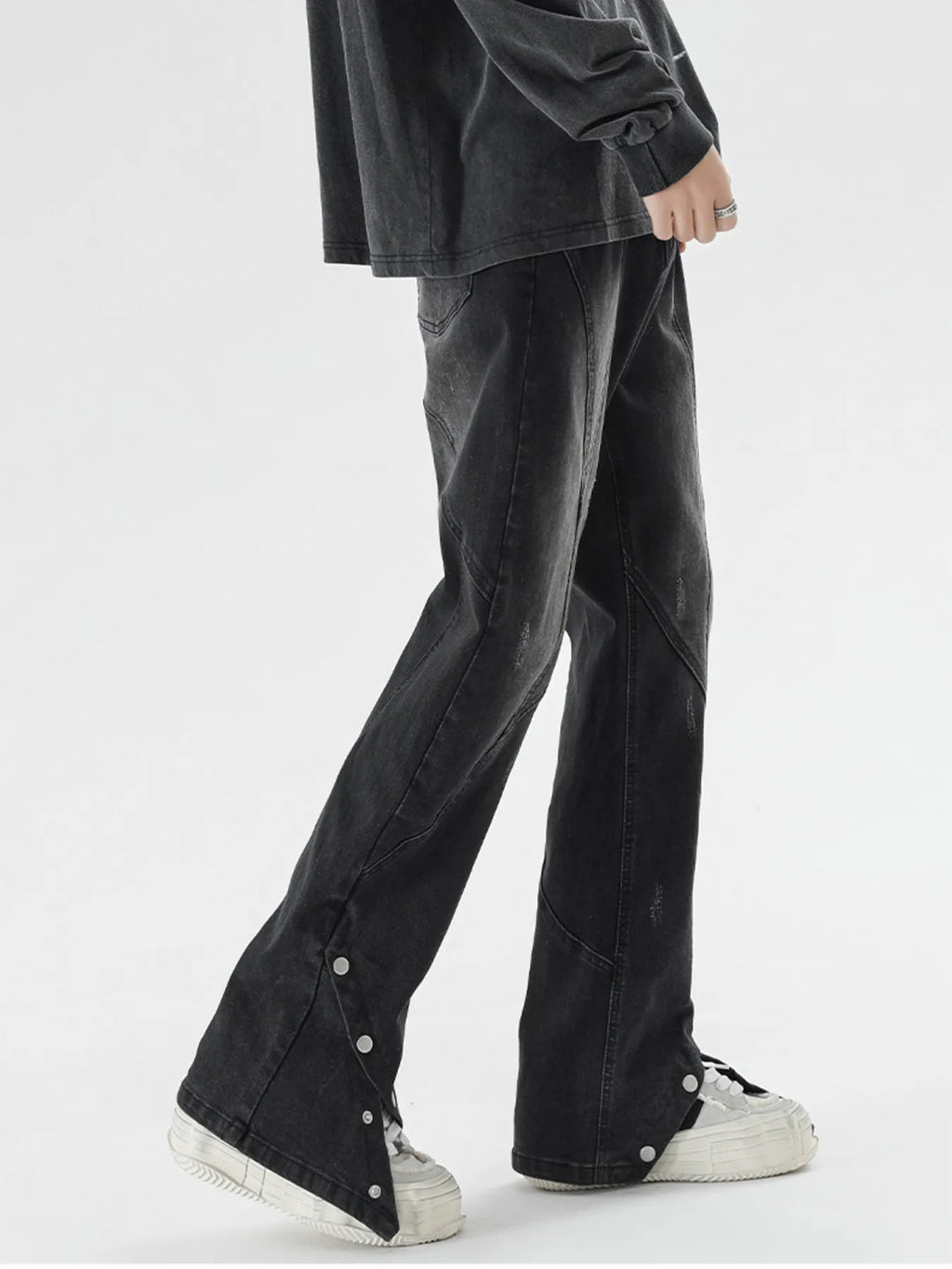 Plus Size Washed Flare Jeans with Snap-Down Hem in Black for Men