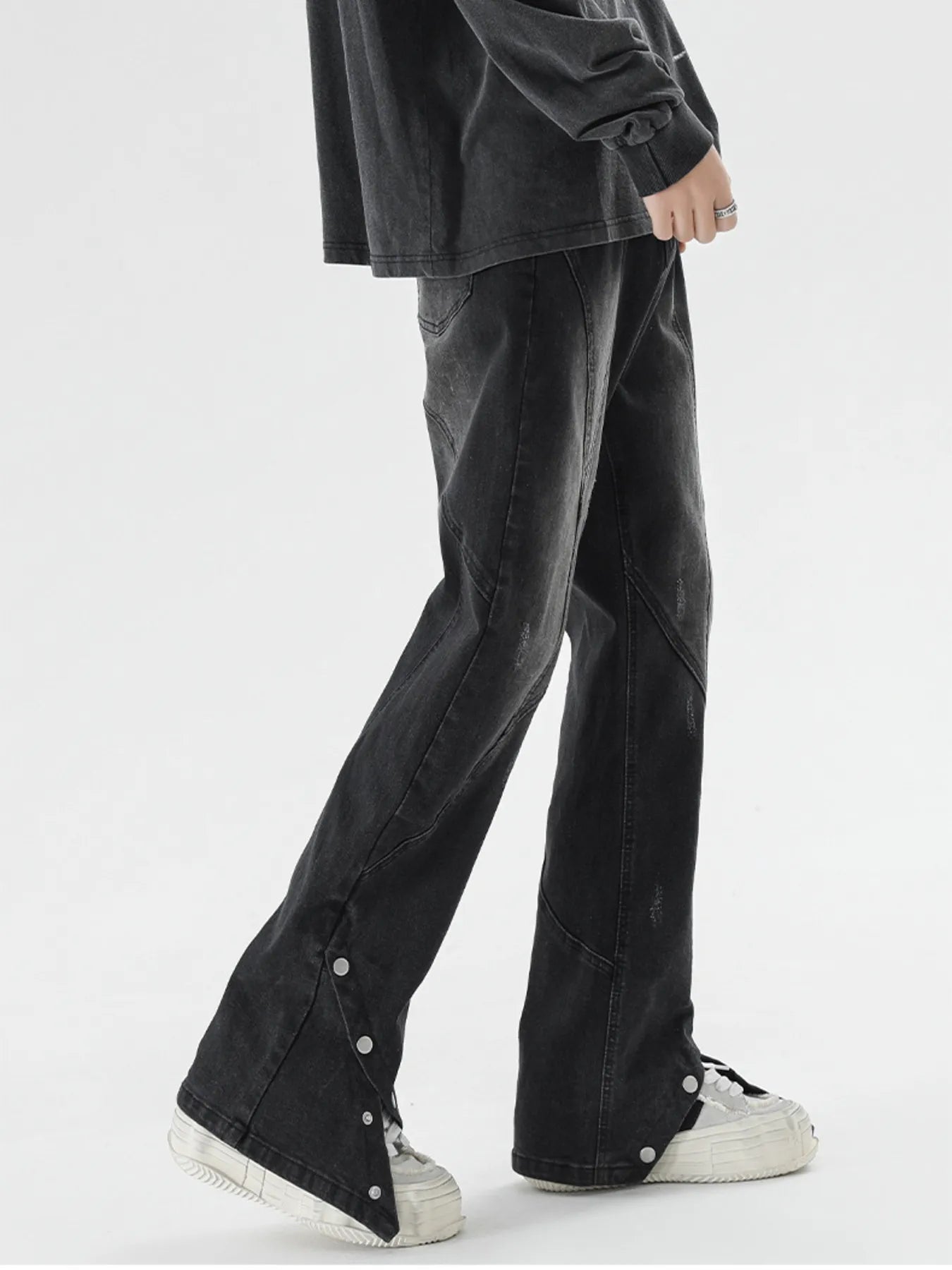 Plus Size Washed Flare Jeans with Snap-Down Hem in Black for Men