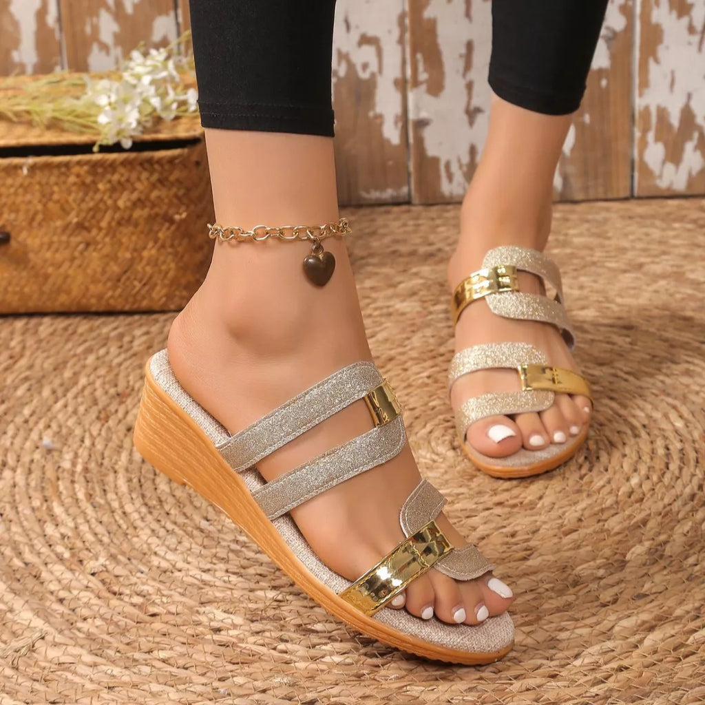 Open Toe Wedge Sandals in Black in Brown for Women