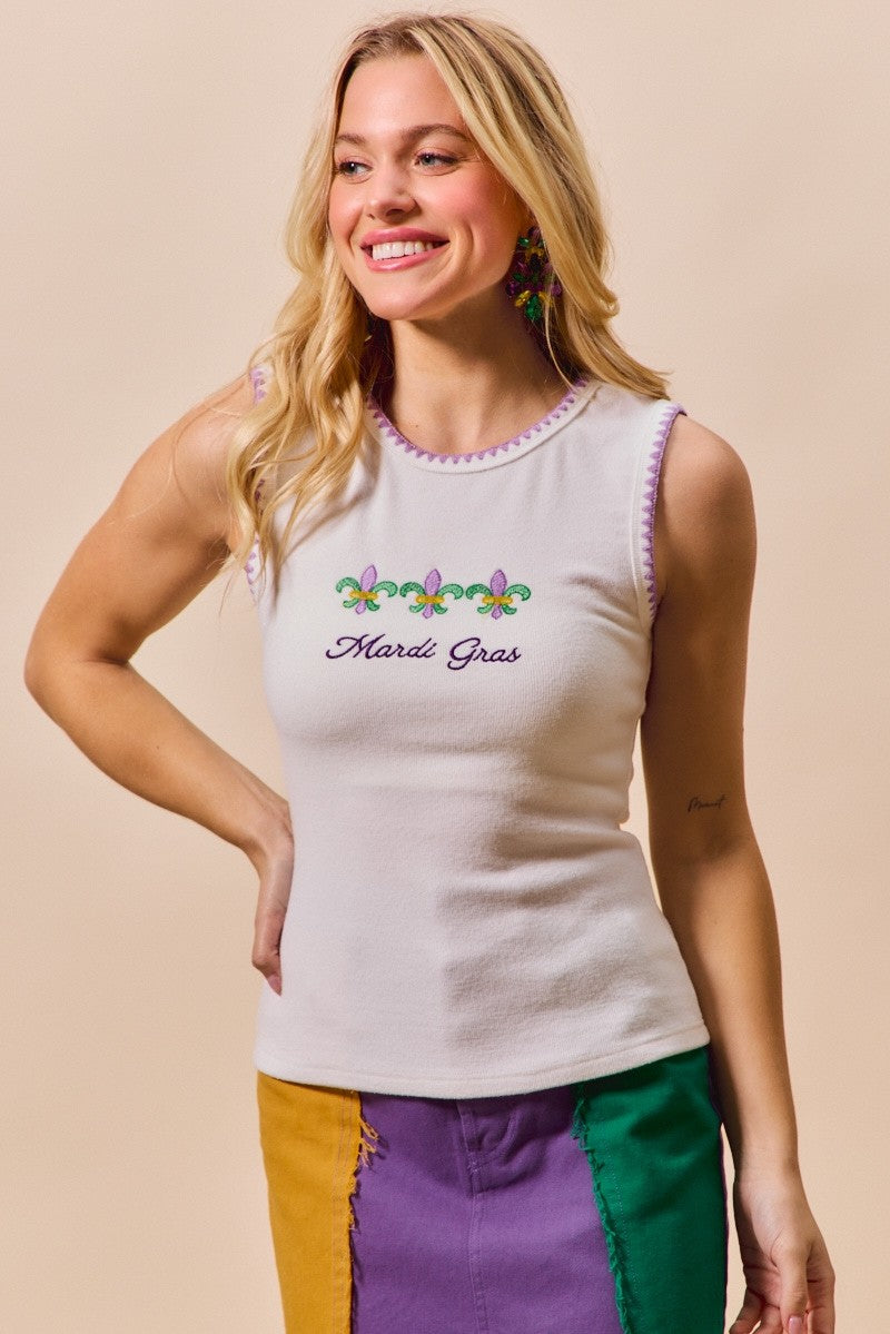 Mardi Gras Tank Top with Contrast Blanket Stitch for Women