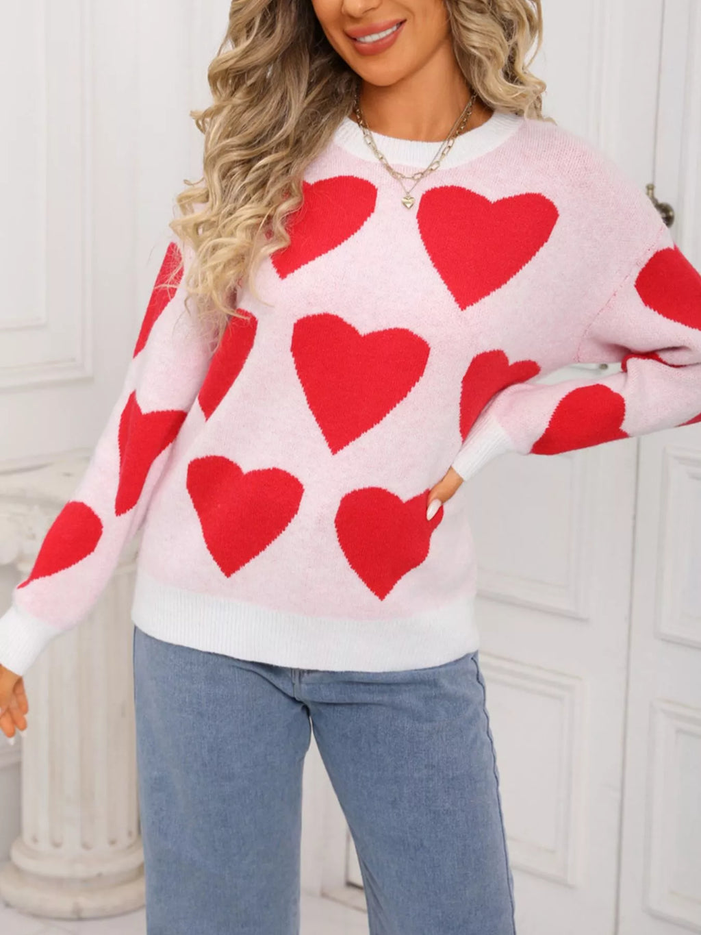 Valentines Day Heart Round Neck Knitted Sweater in White for Women