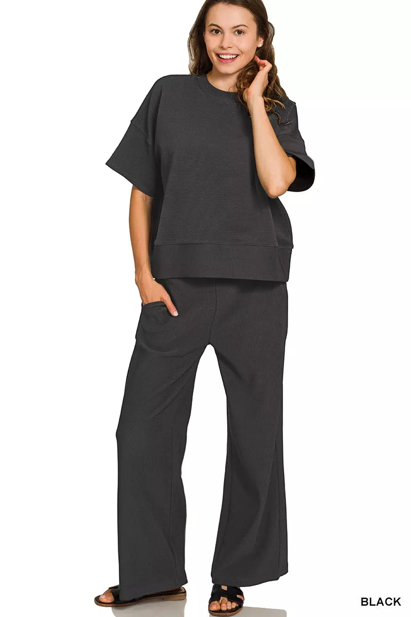 Ribbed Round Neck Tee & Pants Set in Black for Women