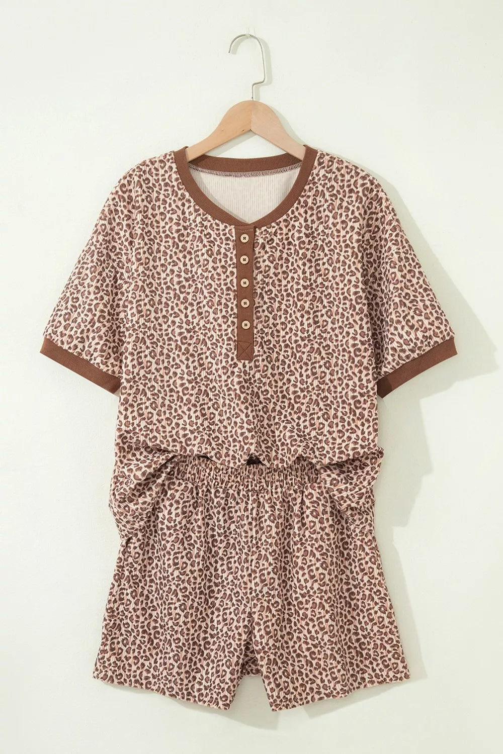 Leopard Print Ribbed Patchwork Half Button Loose Tee Elastic Waist Shorts Two-Piece Set in Mocha for Women