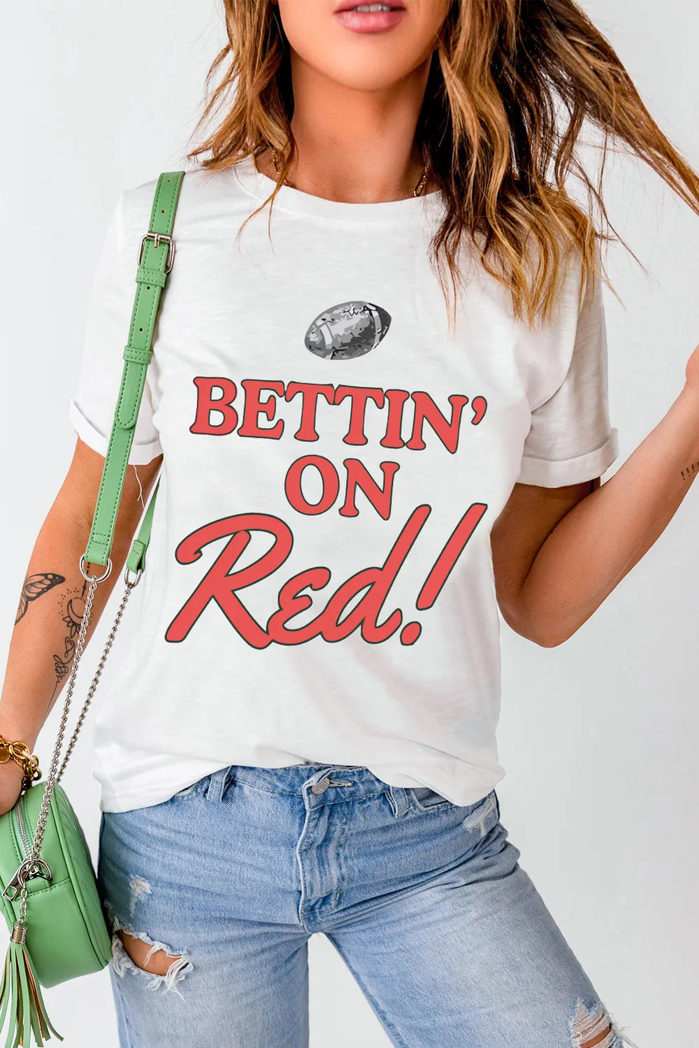 Letter Graphic Round Neck Short Sleeve T-Shirt in Peacock Blue in Scarlet for Women