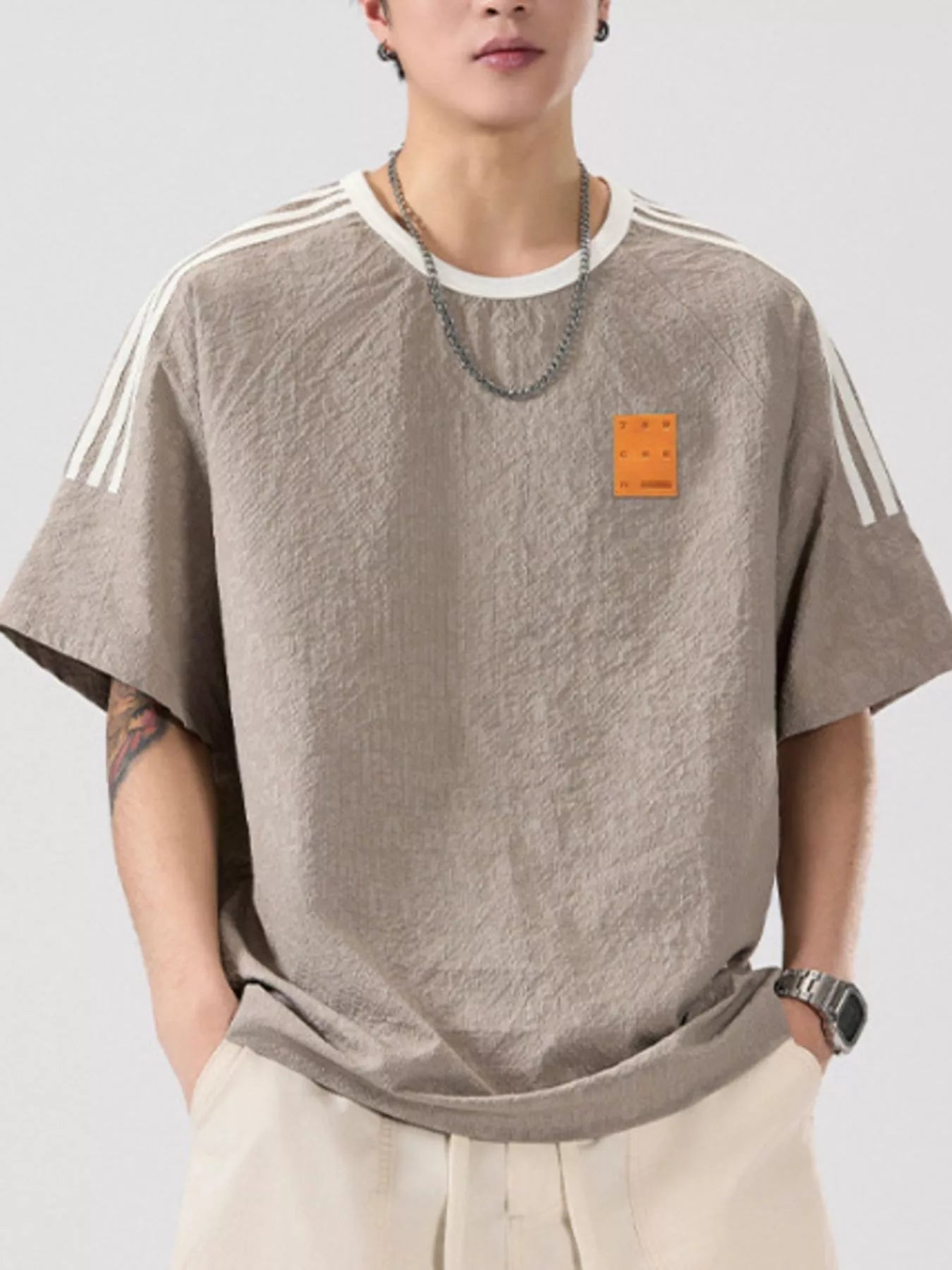 Striped Shoulder Relaxed Fit T-Shirt Plus Size in Deep Khaki for Men