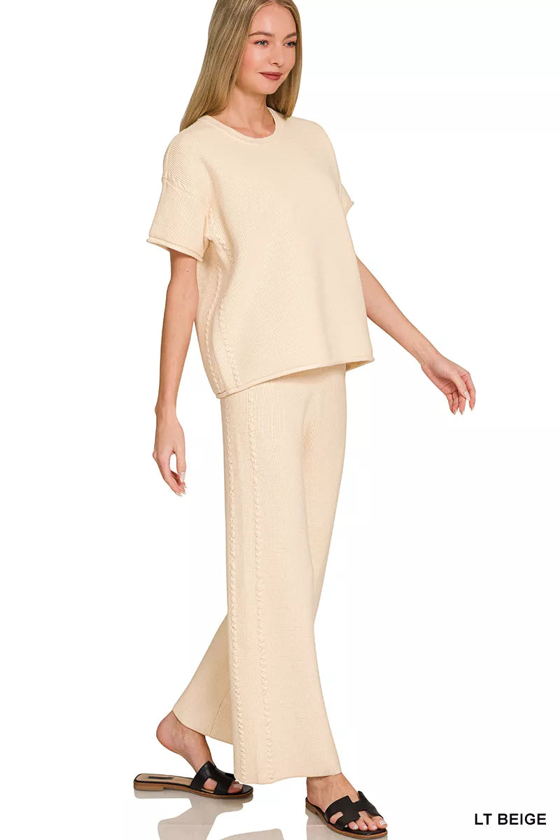 Viscose Round Neck Top & Pants Set in Light Beige for Women