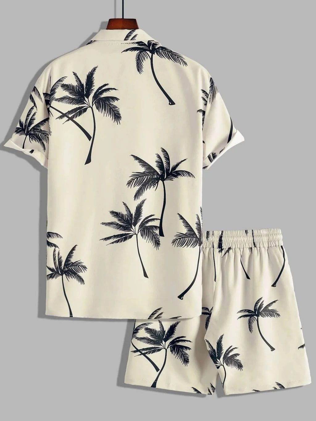 Palm Print Button Up Shirt and Shorts Set Plus Size in Black for Men
