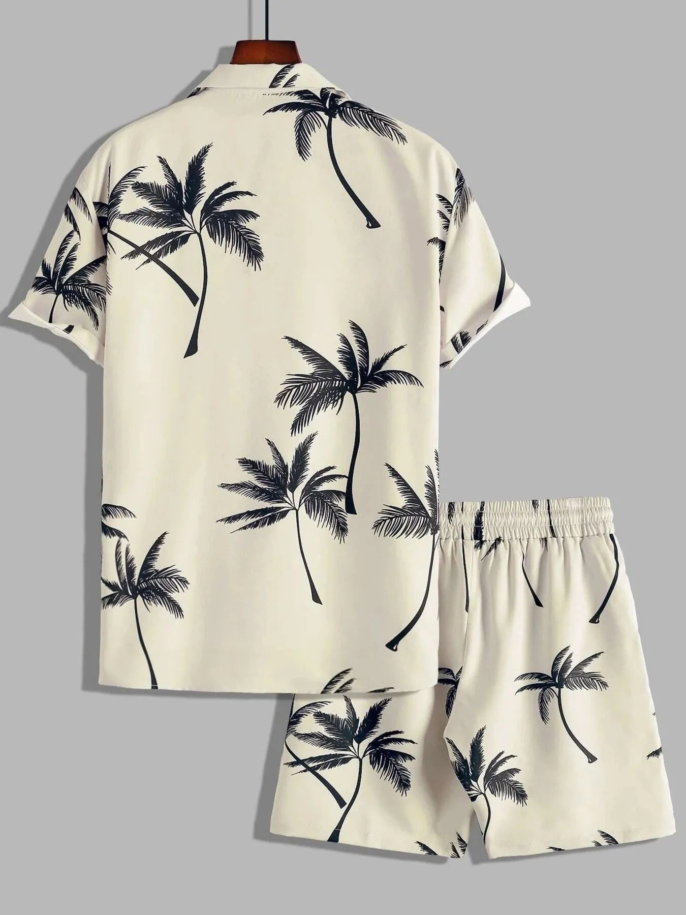 Palm Print Button Up Shirt and Shorts Set Plus Size in Black for Men