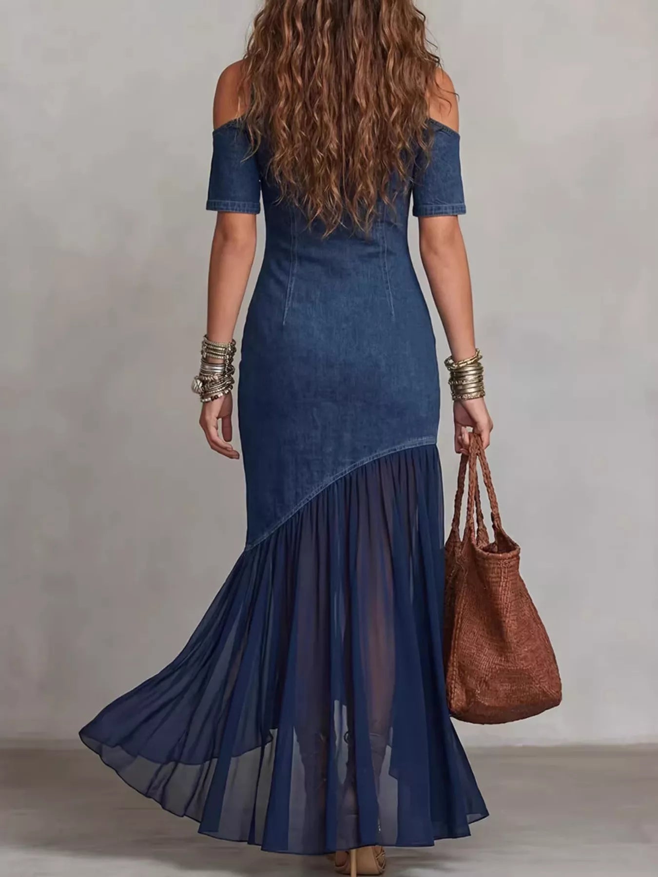 Mock Neck Cold Shoulder Ruffle Hem Maxi Dress in Dark Blue for Women
