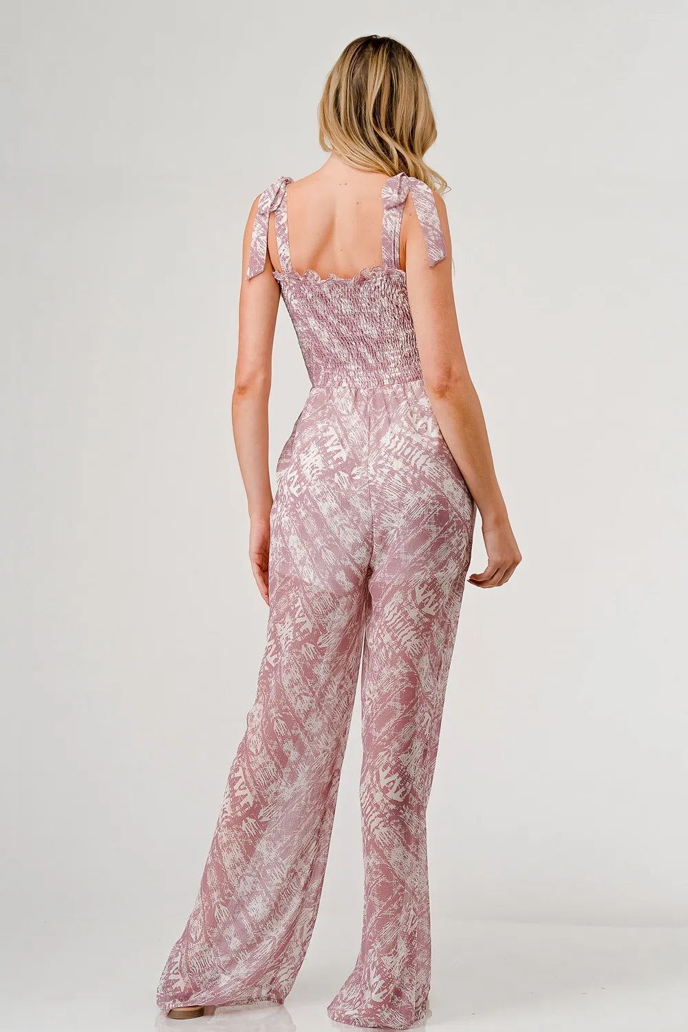 Printed Tie Shoulder Wide Leg Jumpsuit in Mauve for Women