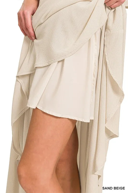 Woven Crinkle Gauze Crop Tee and Skirt Set in Sand Beige for Women