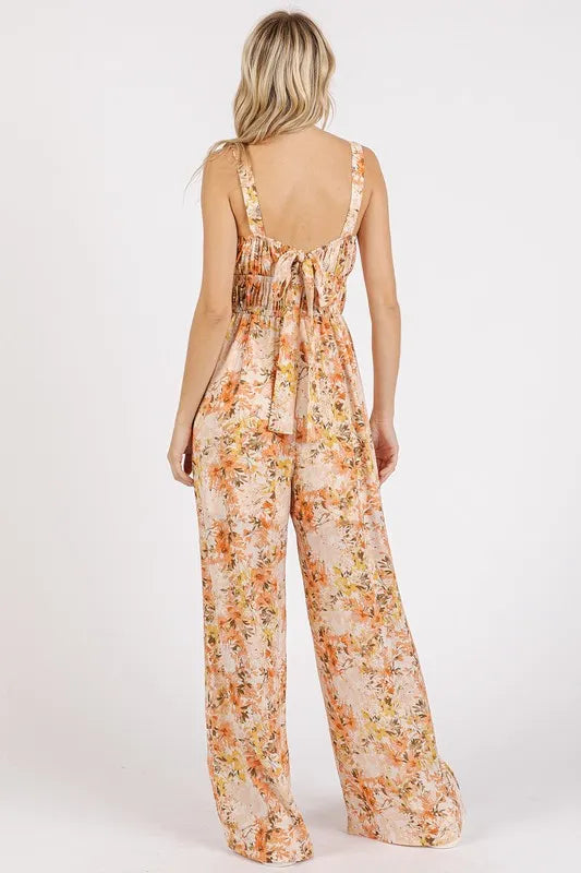Flower Print Gathered Bust Sleeveless Jumpsuit in Ginger for Women