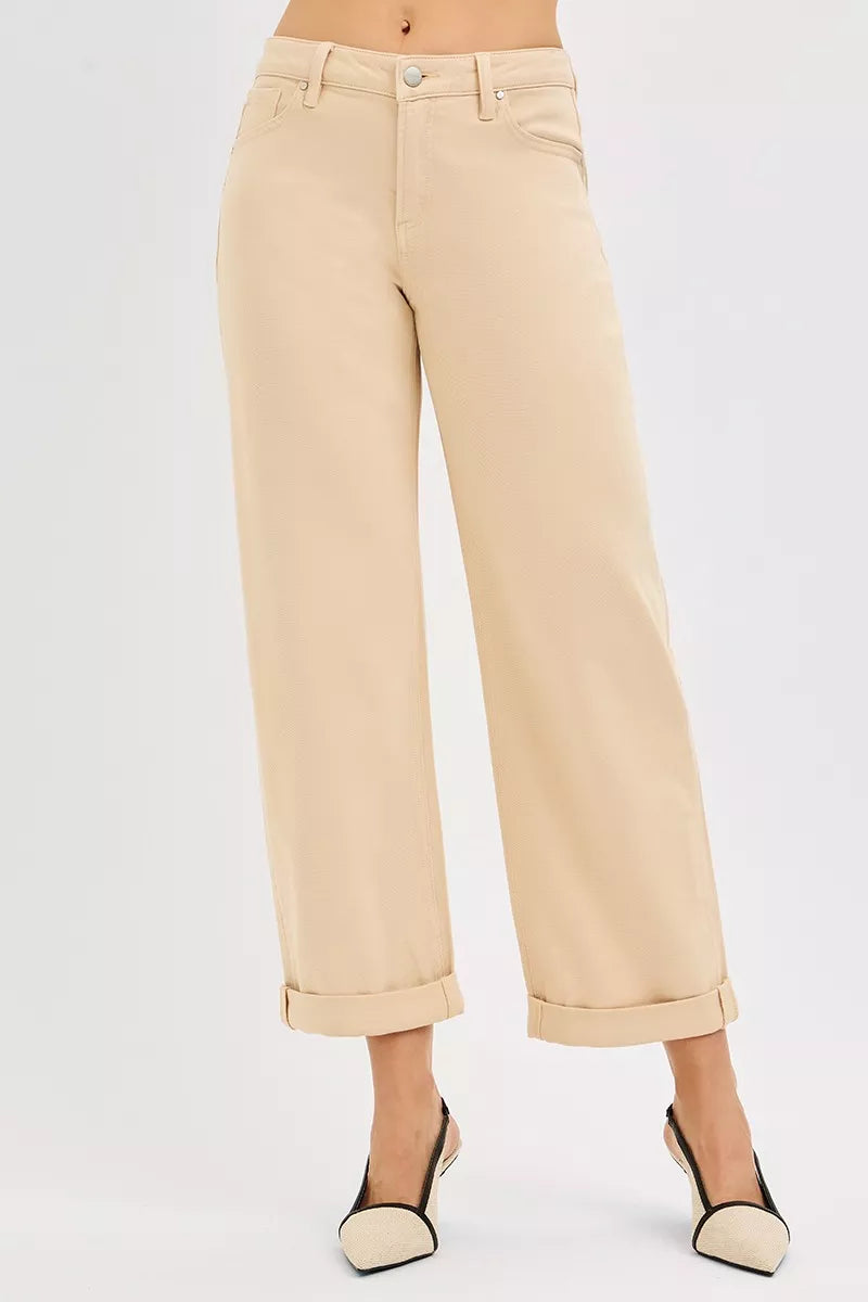Tummy Control Mid Rise Ankle Barrel Relaxed Baggy in Butter Milk for Women