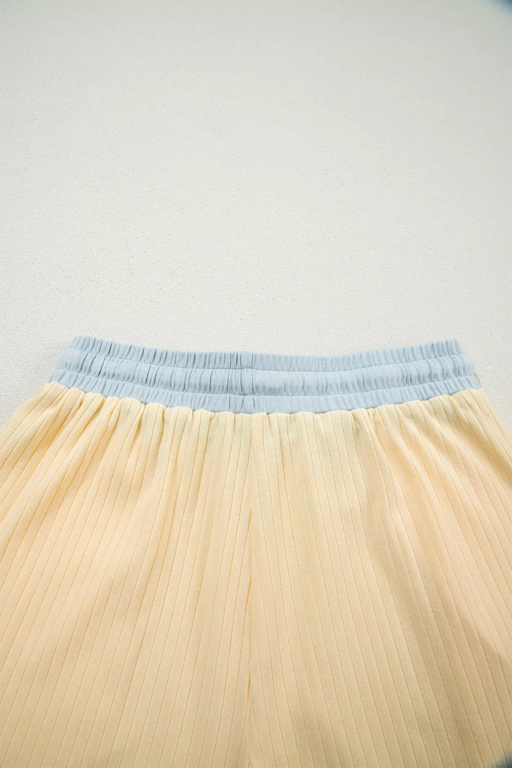 Soft Ribbed Color Block Trim Casual Shorts Set for Women