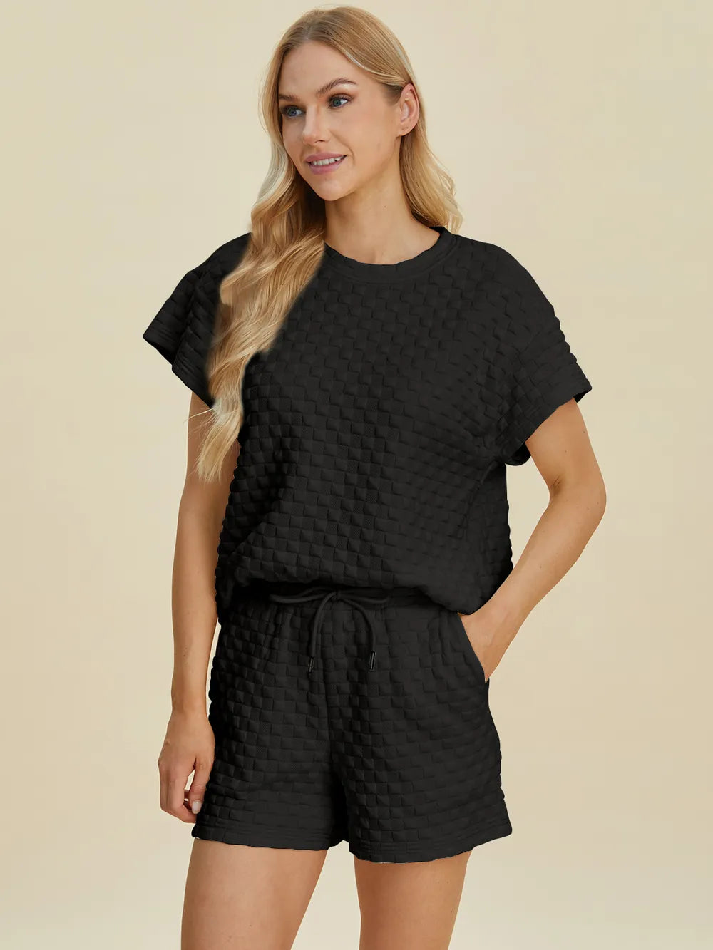 Plus Size Texture T-Shirt and Shorts Set in Royal Blue for Women