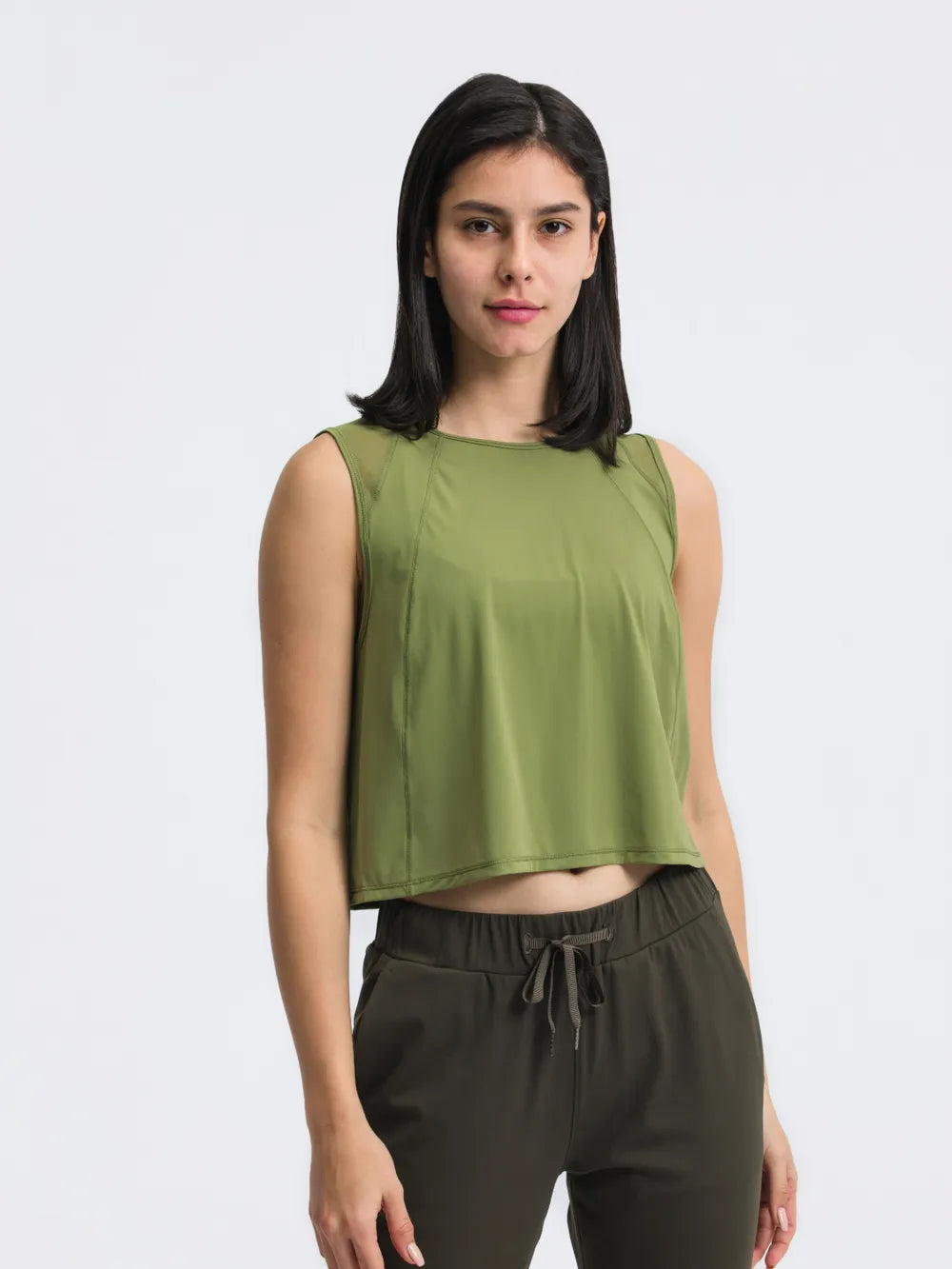 Round Neck Cropped Active Tank in Gold for Women