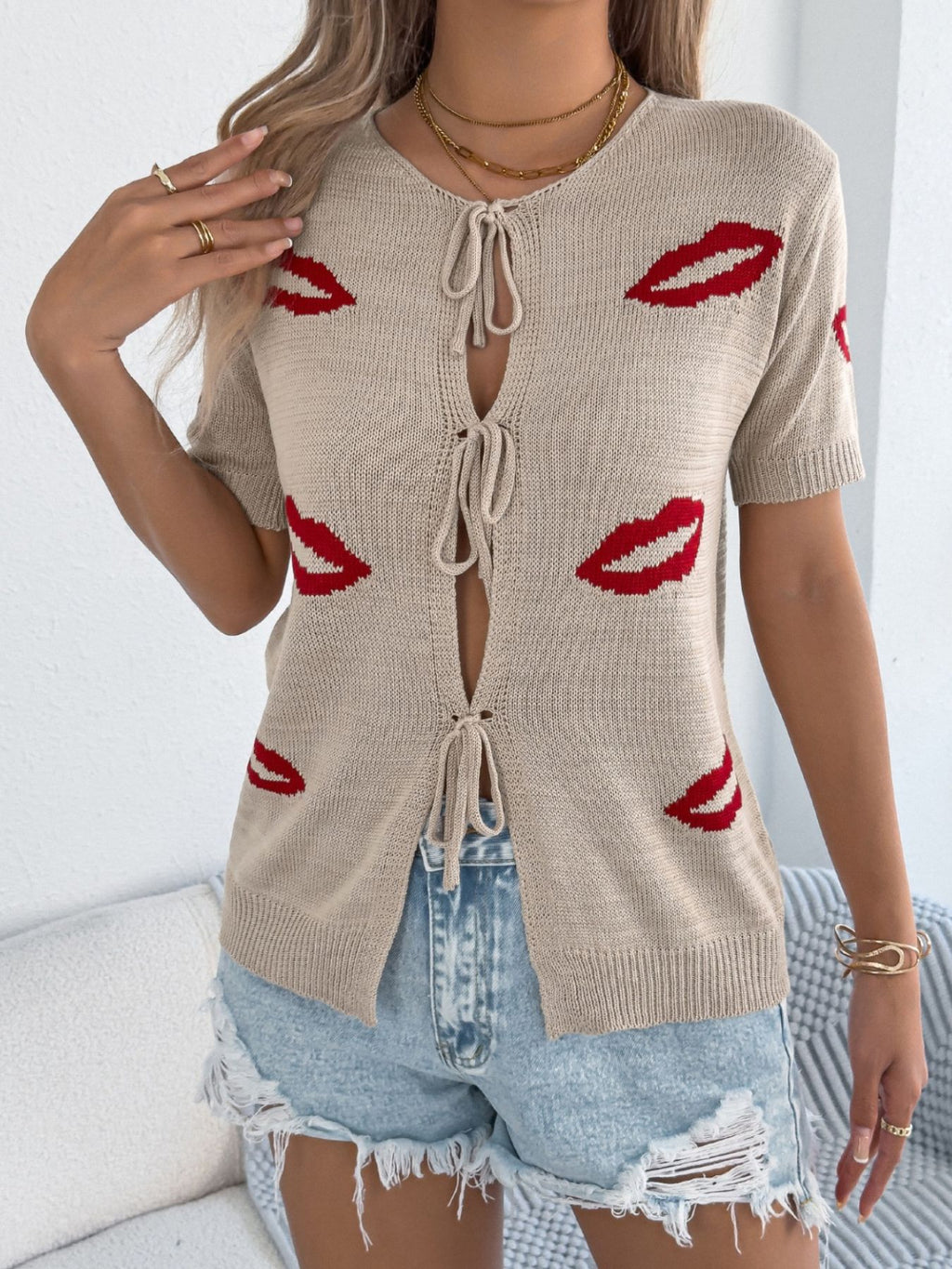 Lips Tie Front Knit Cardigan in Khaki for Women