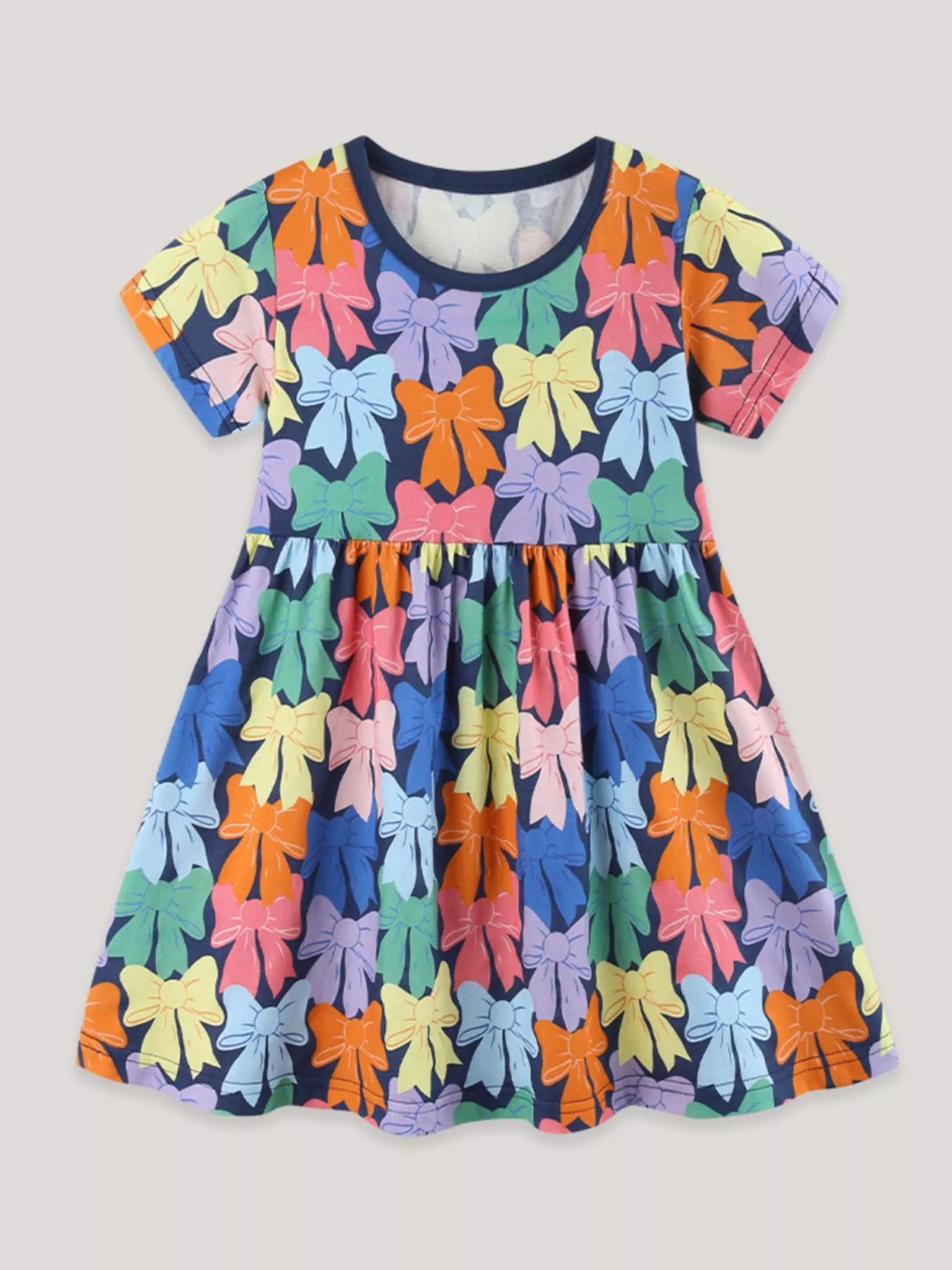 Colorful Bow-Print Casual Dress in Multicolor for Girls