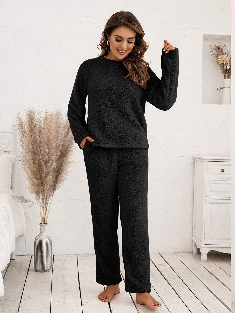 Ivy Lane Teddy Long Sleeve Top and Pants Lounge Set in Black for Women