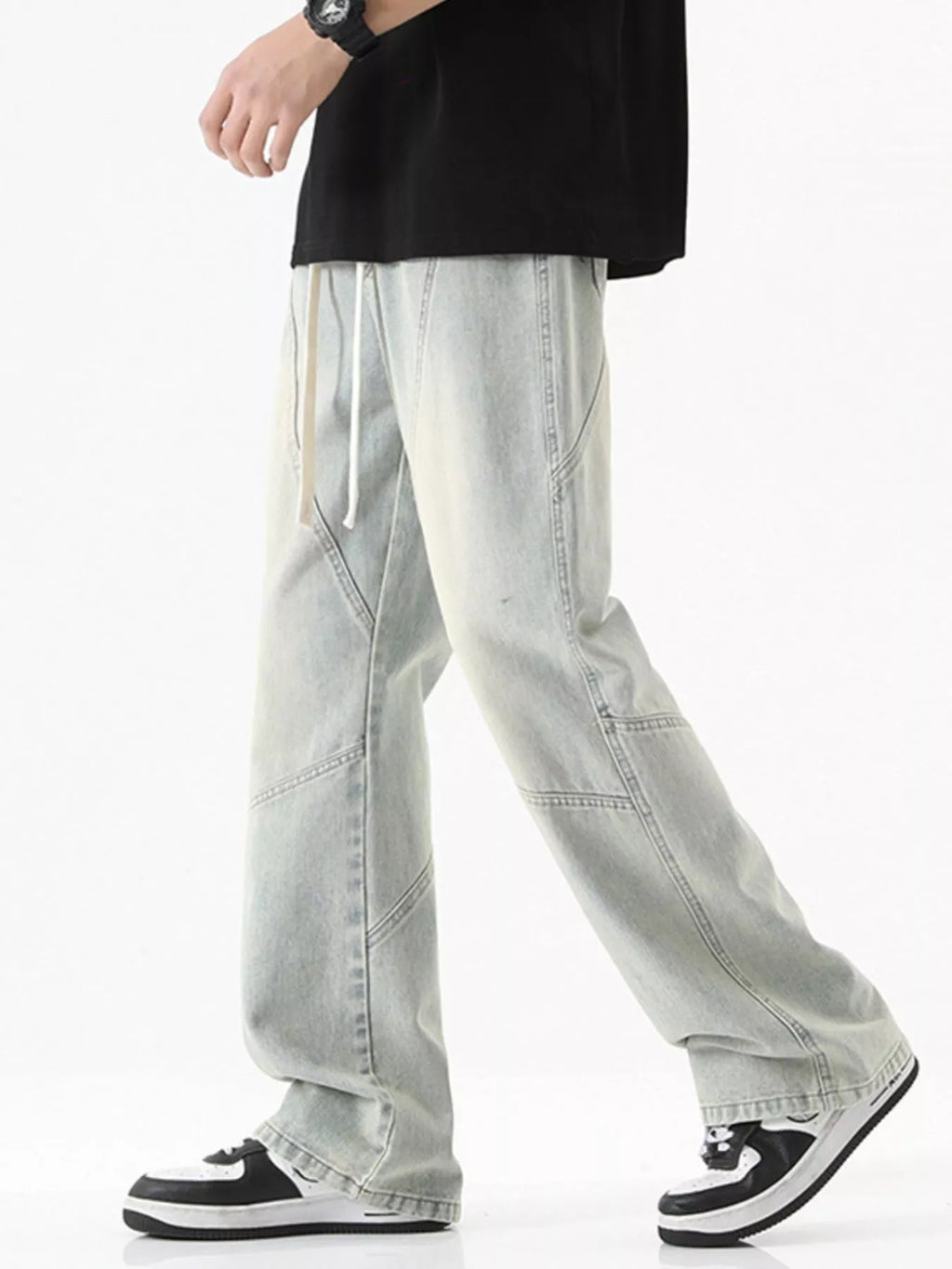 Drawstring Wide Leg Jeans Plus Size in Black for Men