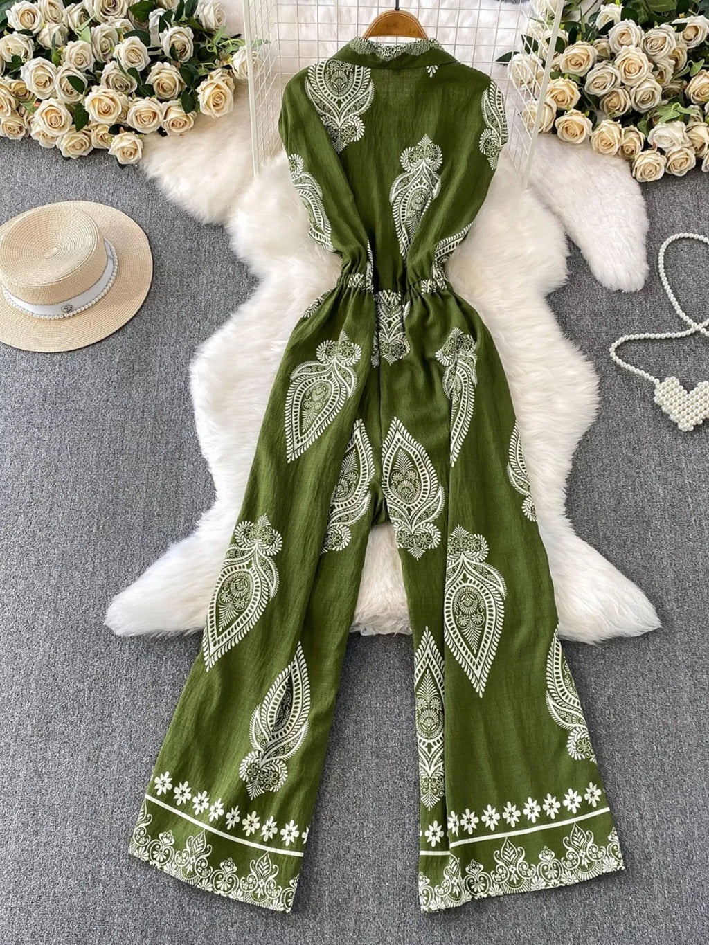 Green Button Front Wide Leg Jumpsuit in Navy Blue for Women
