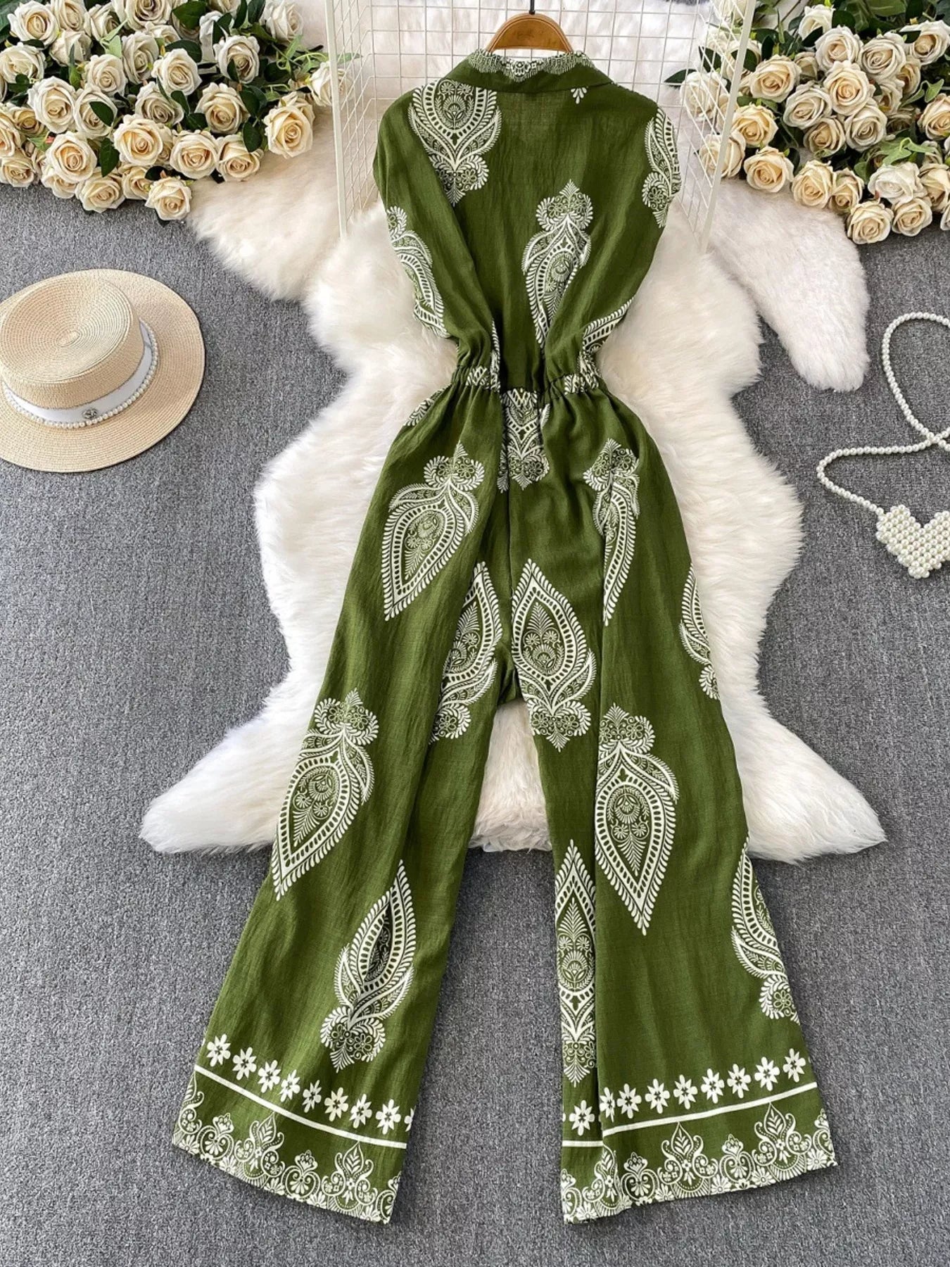 Green Button Front Wide Leg Jumpsuit in Navy Blue for Women