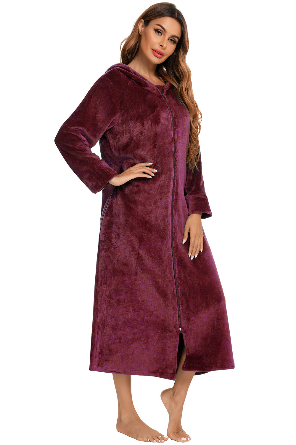 Zip Front Hooded Night Dress with Pockets in Black in Navy for Women