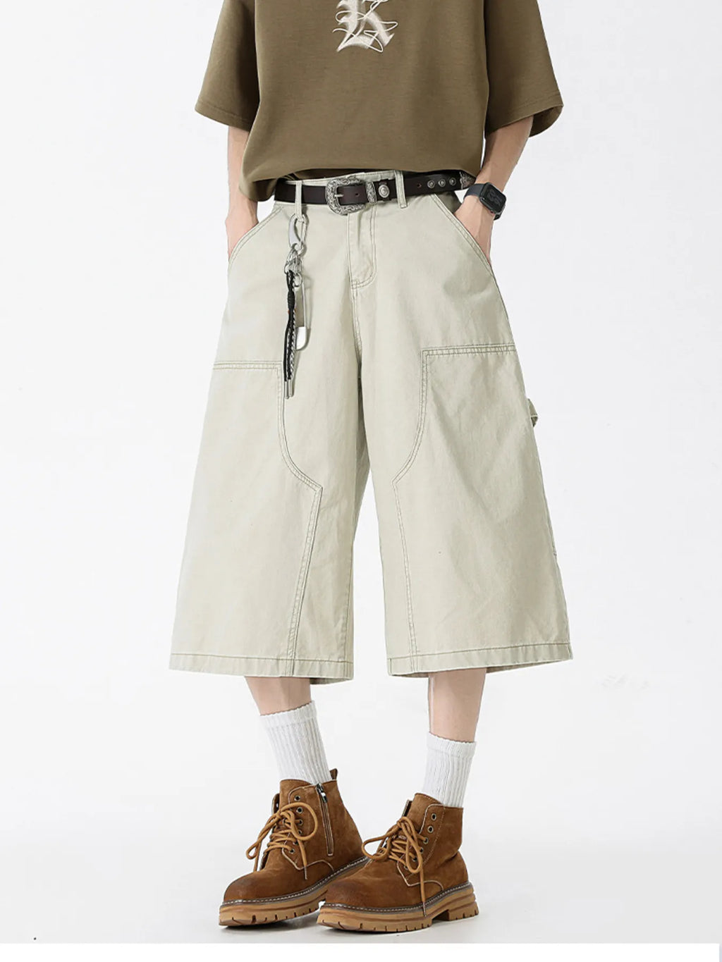 Wide Leg Cargo Denim Shorts Plus Size in Military Green for Men