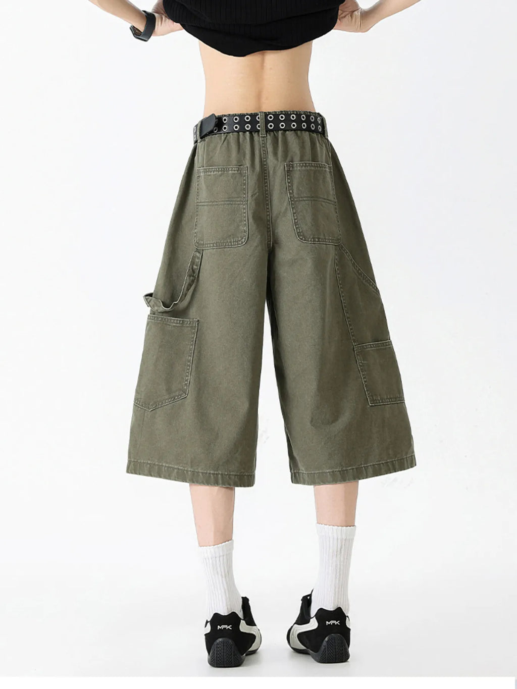 Wide Leg Cargo Denim Shorts Plus Size in Military Green for Men
