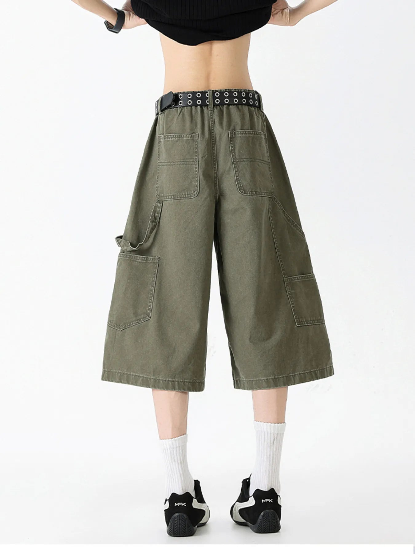 Wide Leg Cargo Denim Shorts Plus Size in Military Green for Men