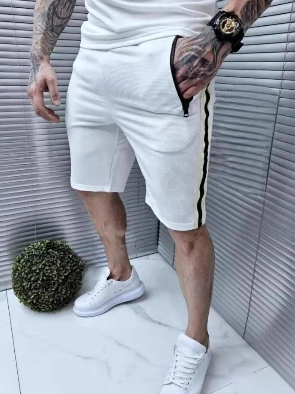 Collared Neck Short Sleeve Top and Shorts Set in White for Men