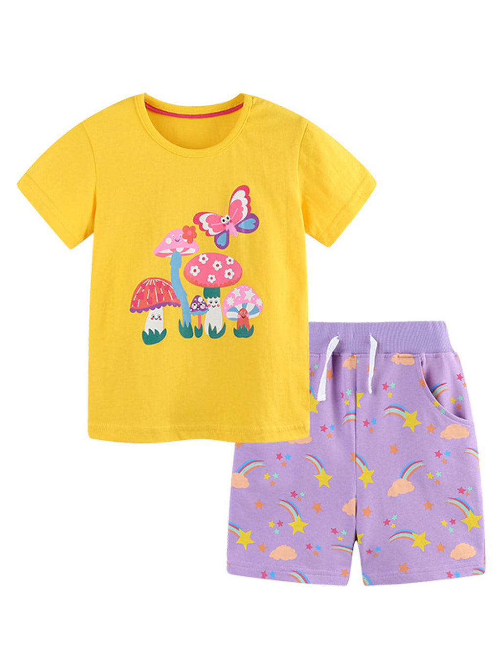 Mushroom & Butterfly Print Tee and Shorts Set in Multicolor for Girls