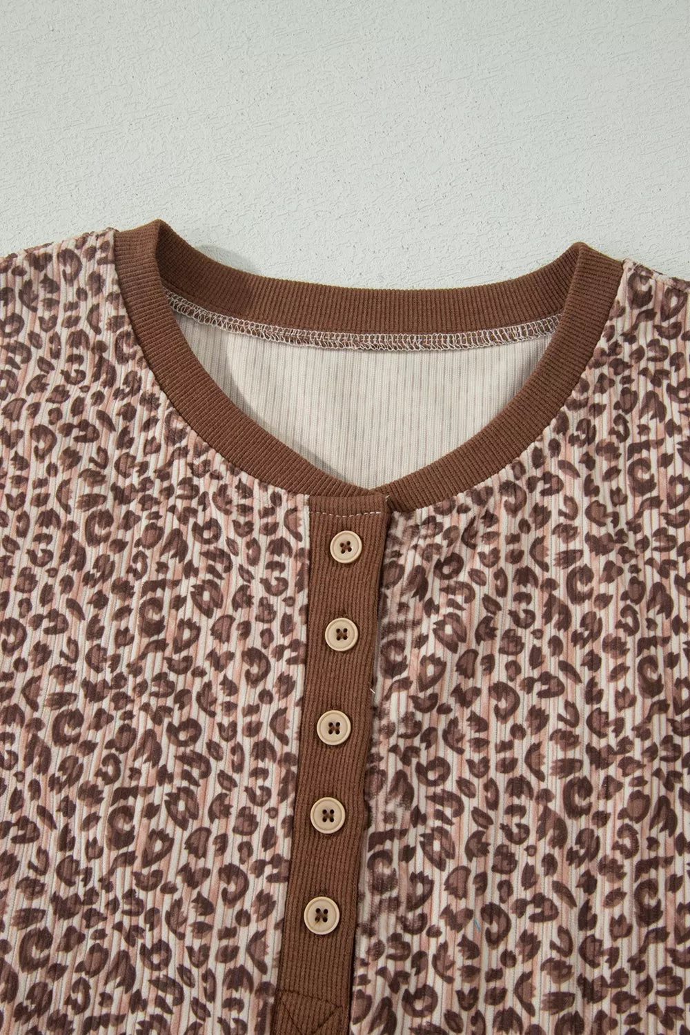 Leopard Print Ribbed Patchwork Half Button Loose Tee Elastic Waist Shorts Two-Piece Set for Women