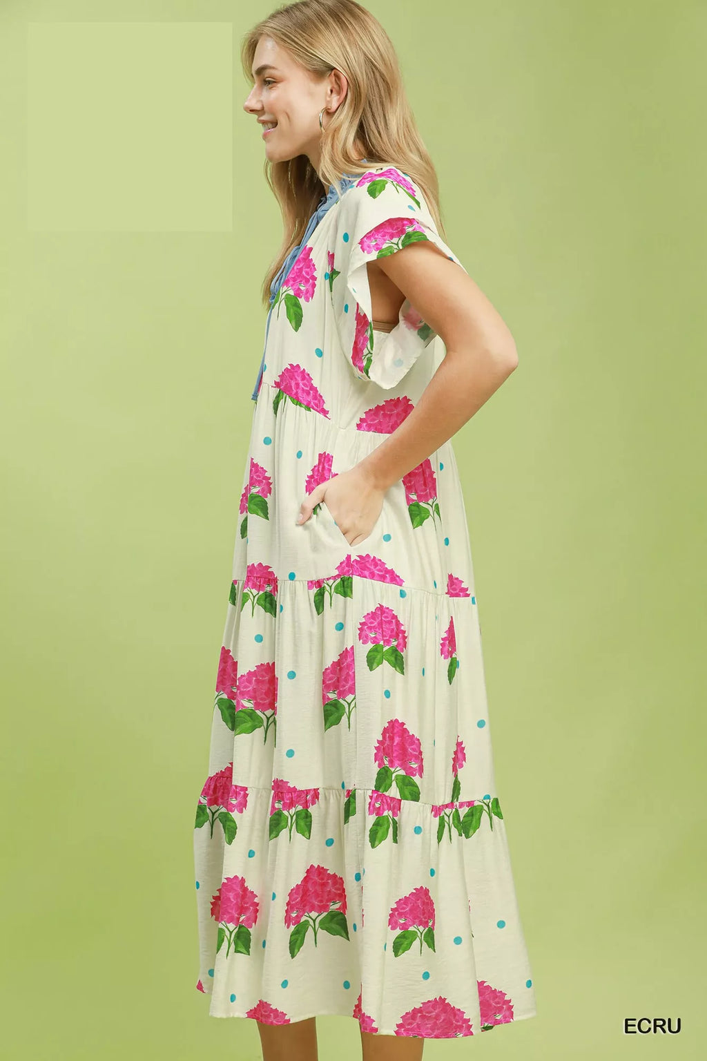 Hydrangea Print Tiered Midi Dress in Ecru for Women