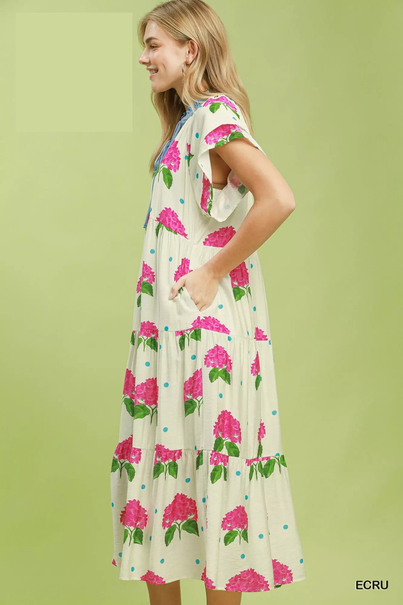 Hydrangea Print Tiered Midi Dress in Ecru for Women