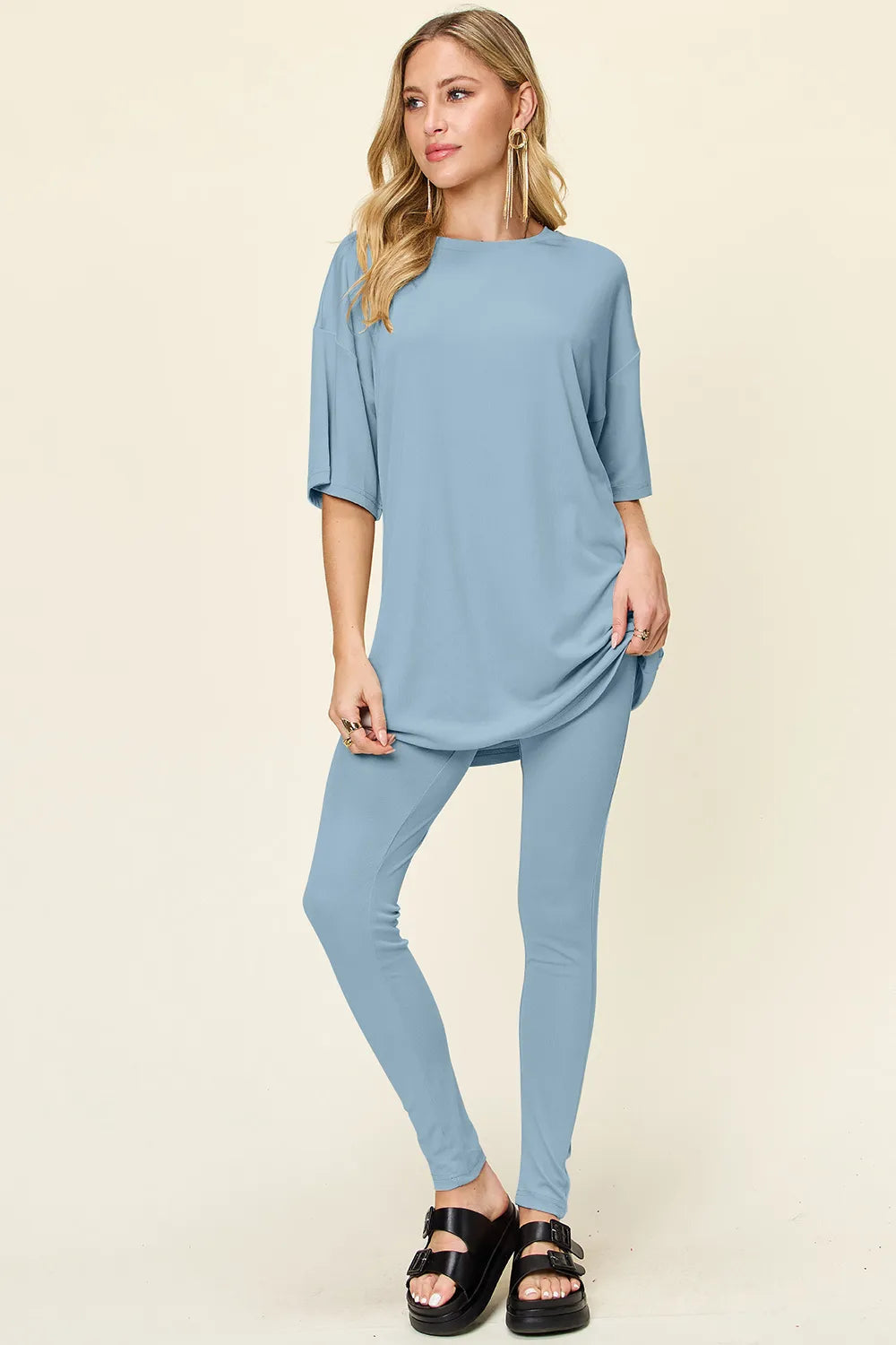 Plus Size Round Neck Dropped Shoulder T-Shirt and Leggings Set in Mocha for Women