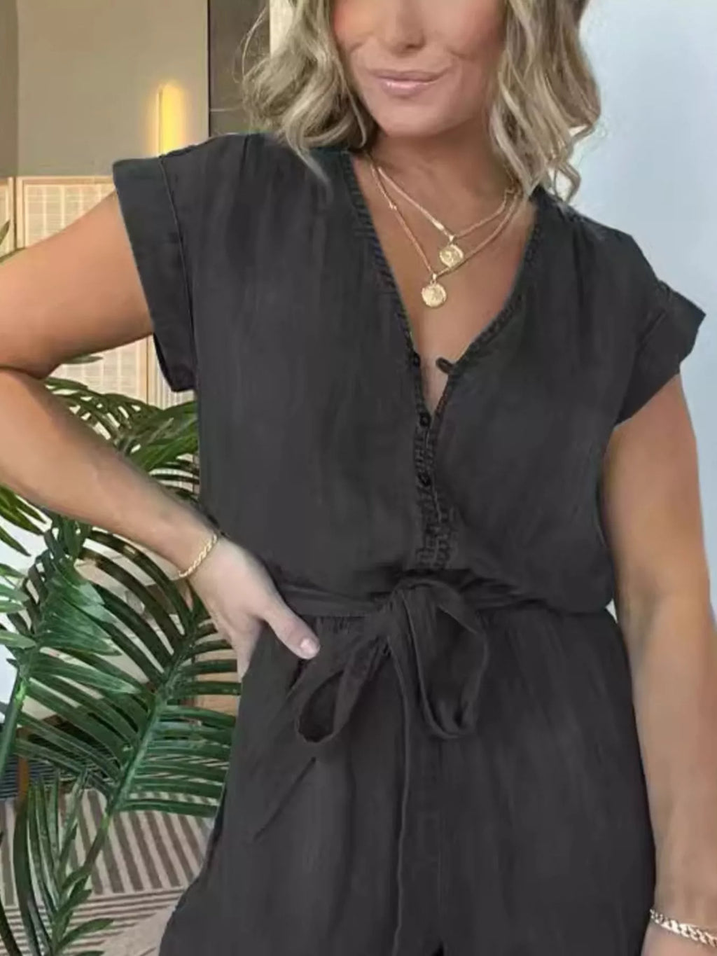 Plus Size Tie Waist Cap Sleeve Romper in Orange for Women