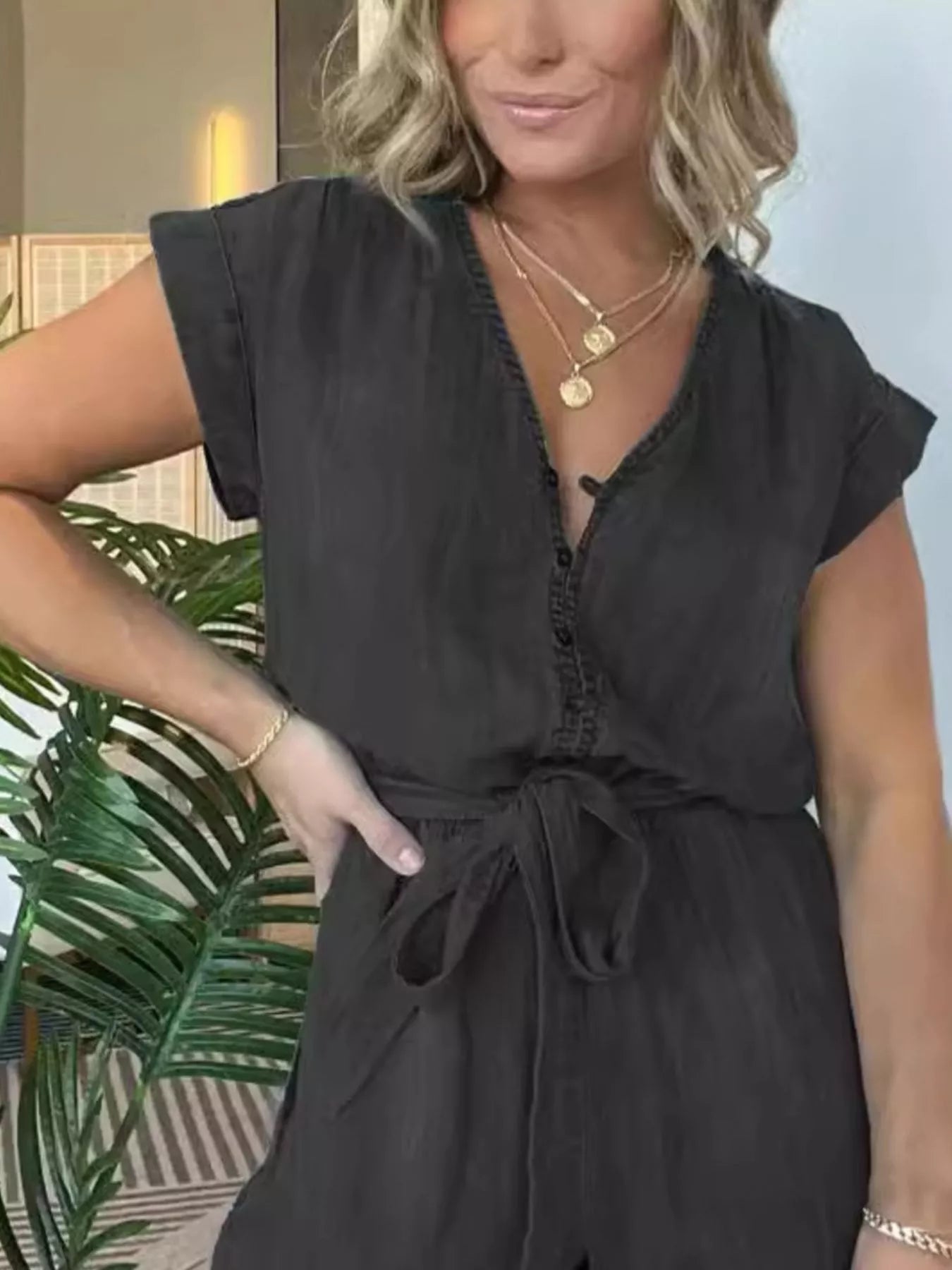 Plus Size Tie Waist Cap Sleeve Romper in Orange for Women