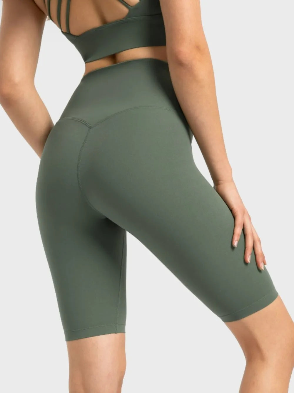 High Rise Wide Waistband Active Shorts in Dark Gray in Matcha Green for Women