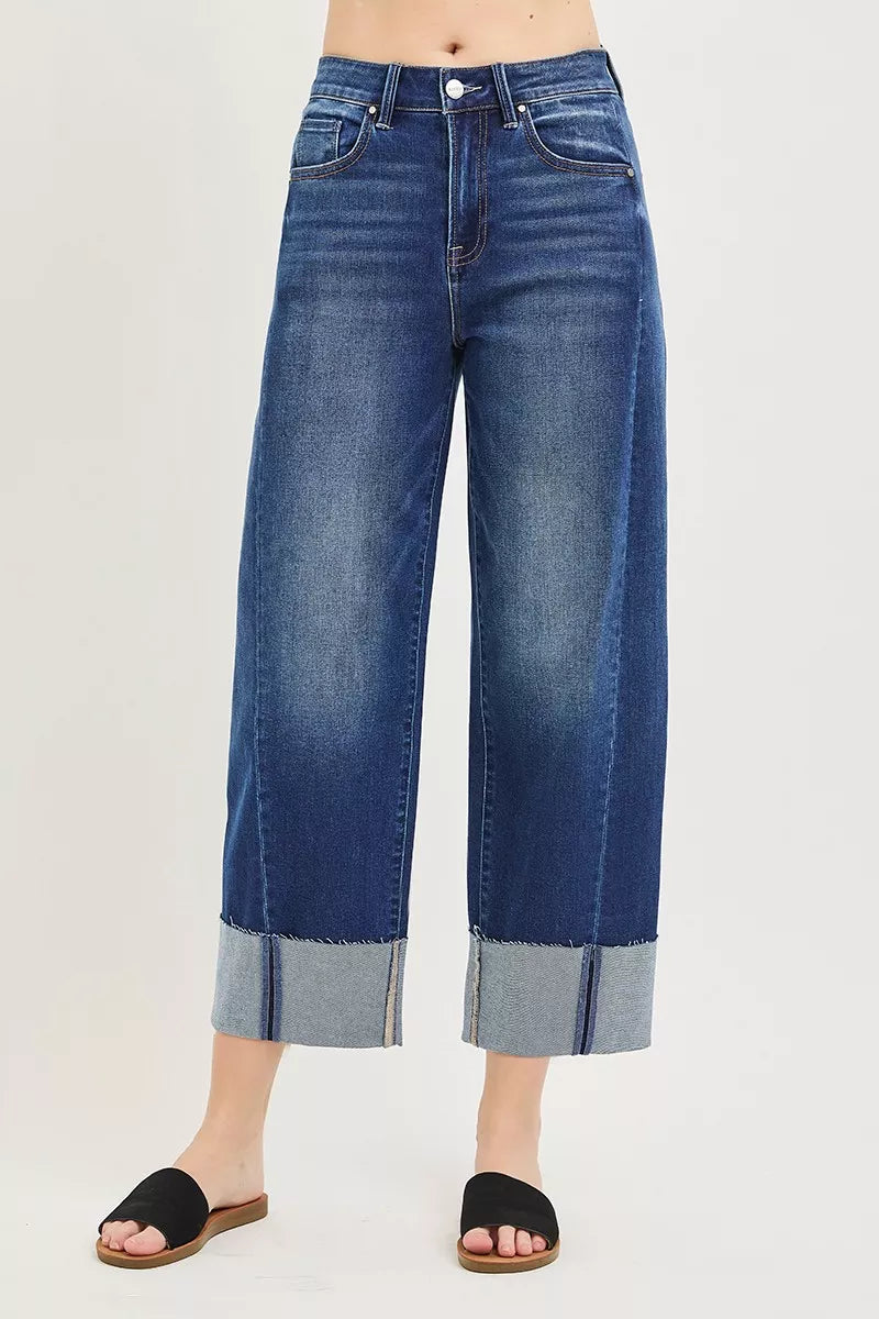 Slouchy Crop Barrel Cuffed Jeans Plus Size in Dark for Women