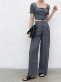 Square Neck Crop Top and Wide Leg Pants Set in Dark Gray for Women