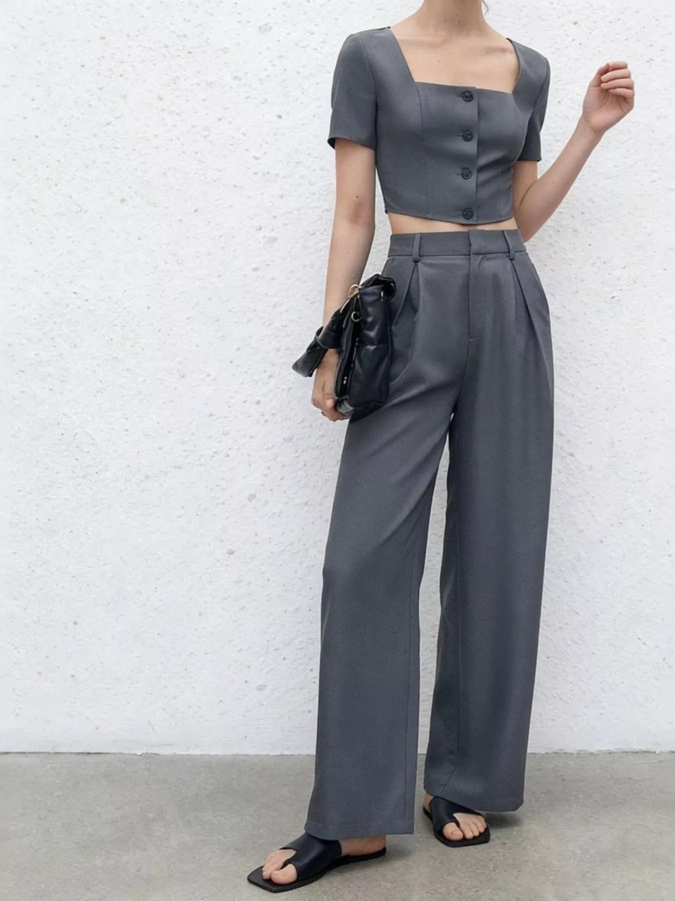 Square Neck Crop Top and Wide Leg Pants Set in Dark Gray for Women