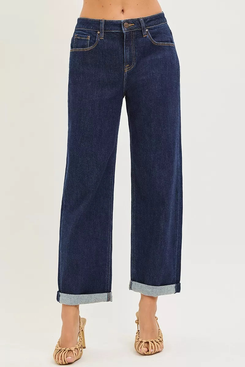 Slouchy Cropped Boyfriend Jeans with Cuffed Hem in Solid Dark for Women