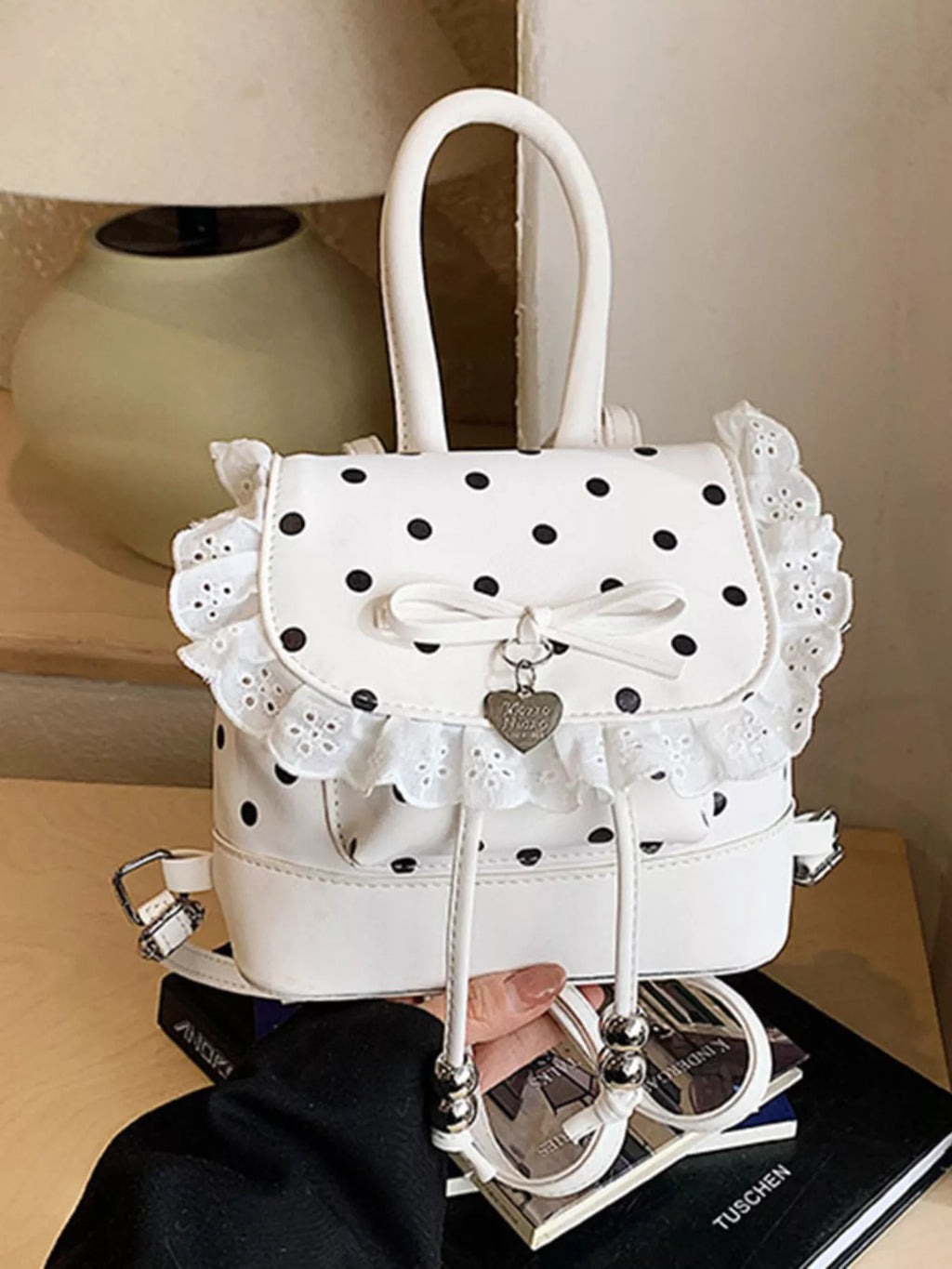 Polka Dot Lace Trim Backpack Bag in Black for Women