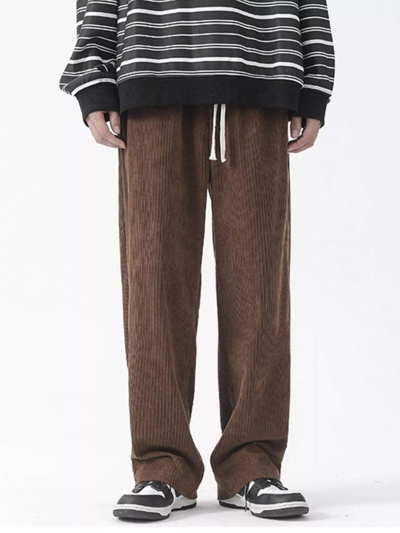 Drawstring Wide Leg Corduroy Pants Plus Size in Black for Men