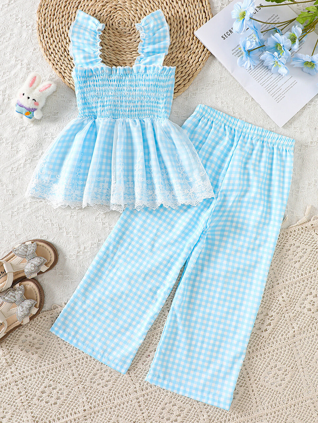 Bunny Gingham Top and Pants Set for Girls