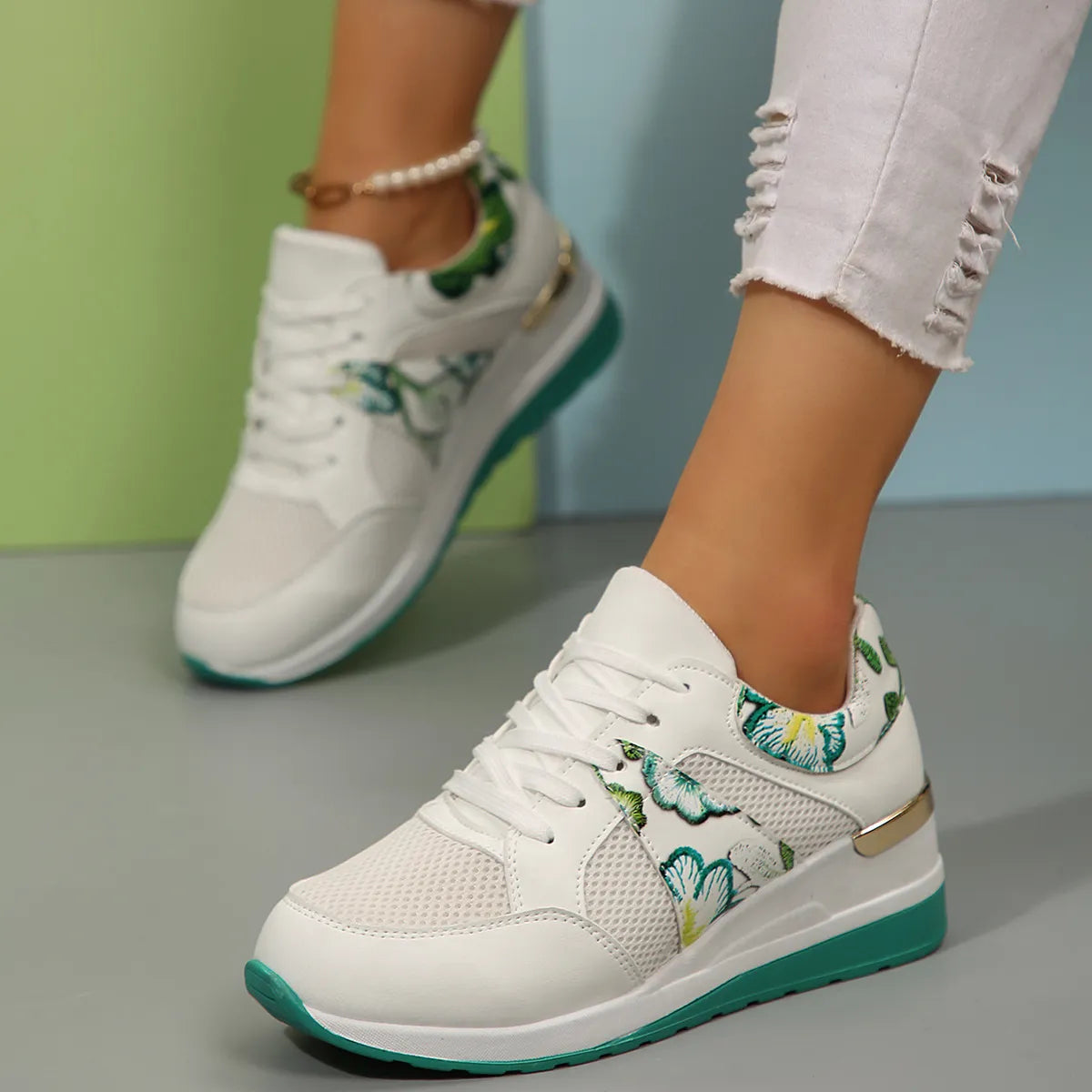 Floral Mesh Wedge Athletic in Green for Women