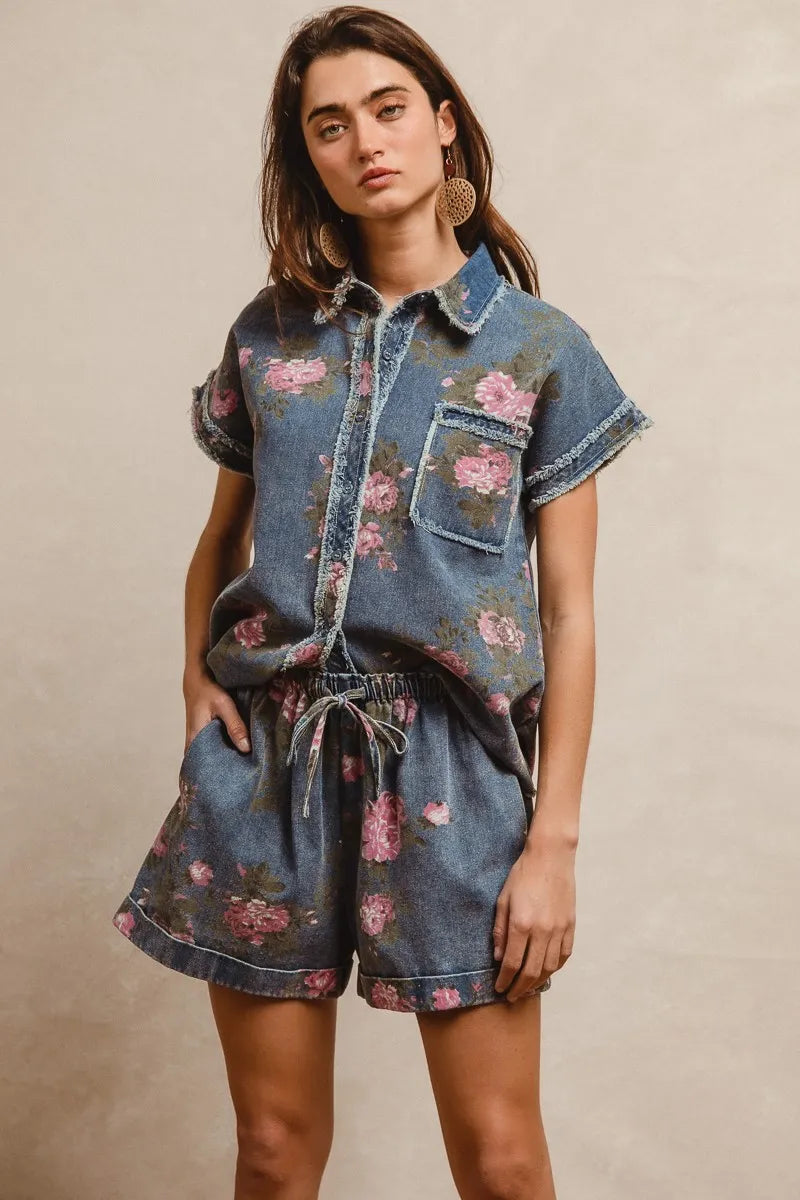 Floral Printed Denim Short Pants with Pocket for Women