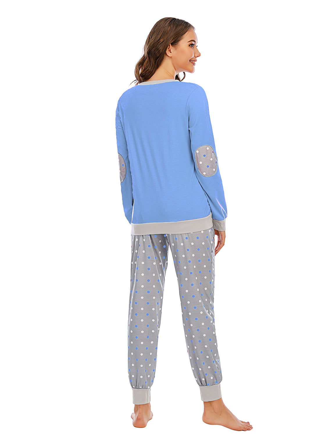 Long Sleeve Top and Polka Dot Pants Set in Pastel Blue for Women